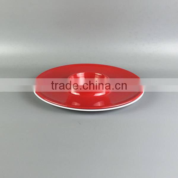 Round chip dip, red color melamine hard decorative plastic storage plate