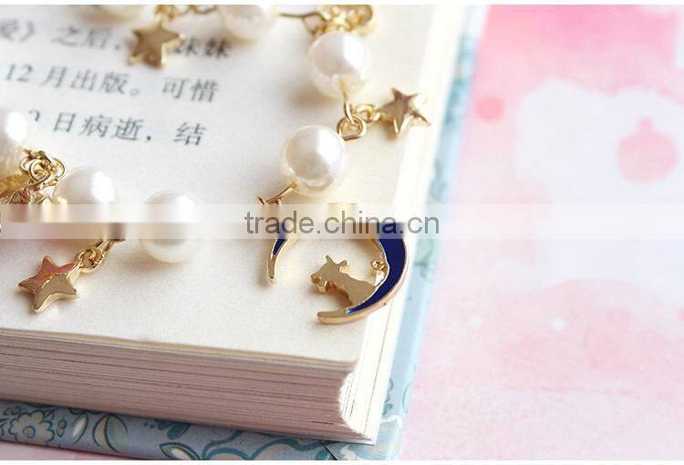gold cat moon star enamel bowknot heart shape key charms bracelet pearl bead linked bracelet