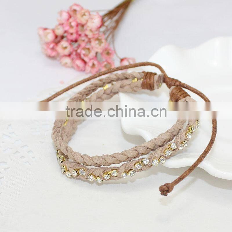 rhinestone chain suede leather braided layered bracelet double strand velvet leather handwoven bracelet