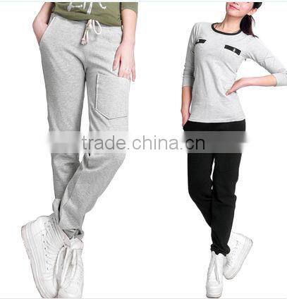 bulk cheap fashion design polyester cotton straight casual knit plain gray long pants for women