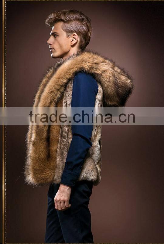 2015 hot sale Europe style men's fashion faux rabbit fur with hat waistcoat jacket