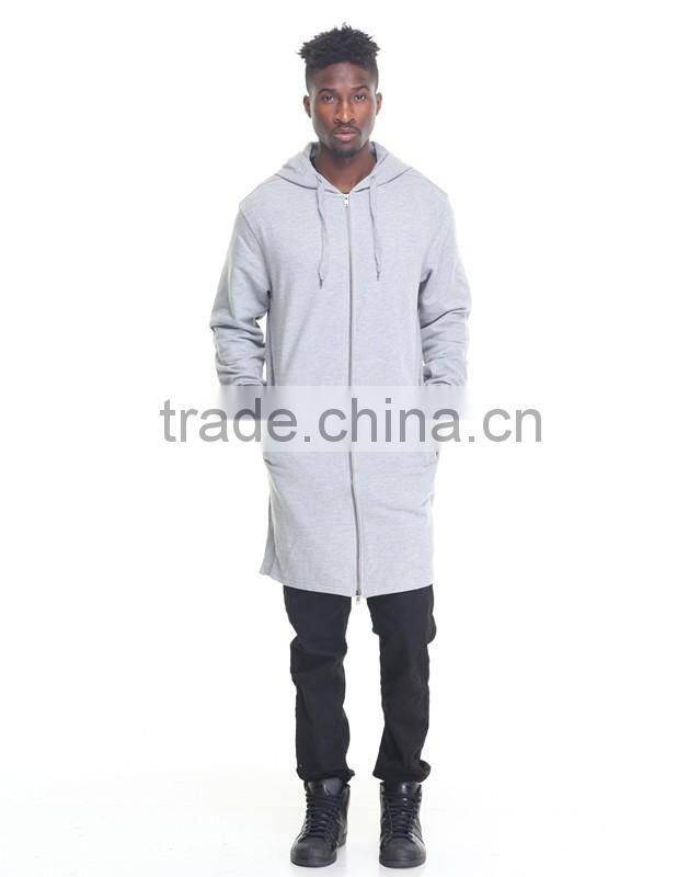 pouch pockets Full front zip up closure Elongated design men's coat with adjustable hooded drawstring Zipper long coat