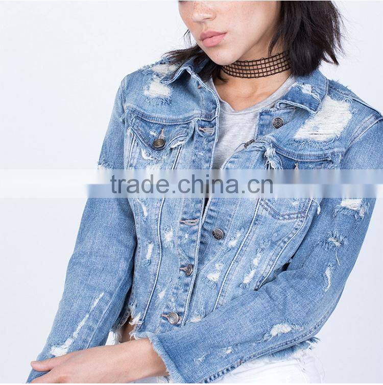 Custom boyfriend style oversized fit jeans jacket women plain distressed denim jacket