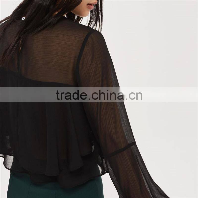 Gorgeous cropped flute crinkle sleeve black semi sheer blouse