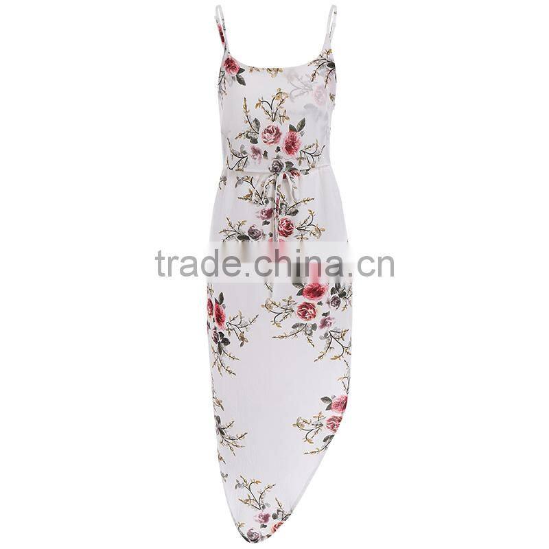Slip floral printed drawstring waist asymmetric chiffon women dress