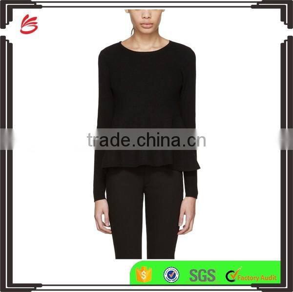 High Quality Women Plain Black Long Sleeve Rib Knit Pullover with Peplum Hem