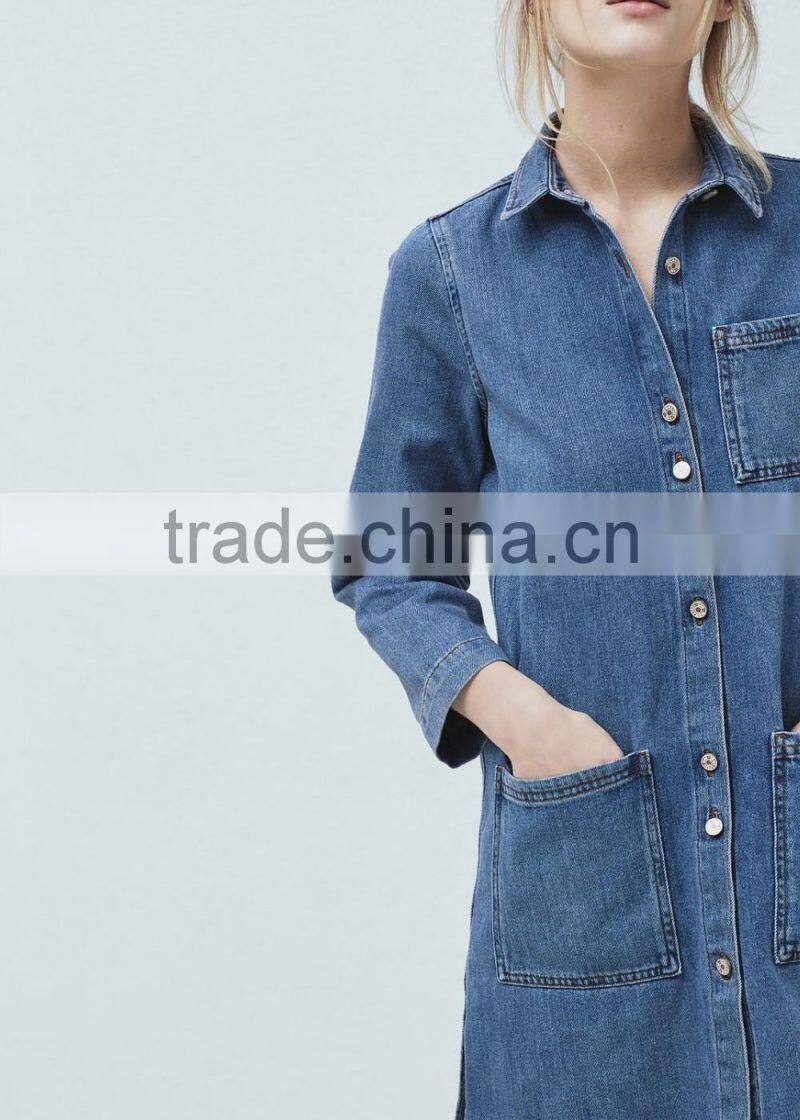 Girls button-up raw hem casual loose long sleeve denim jeans dress