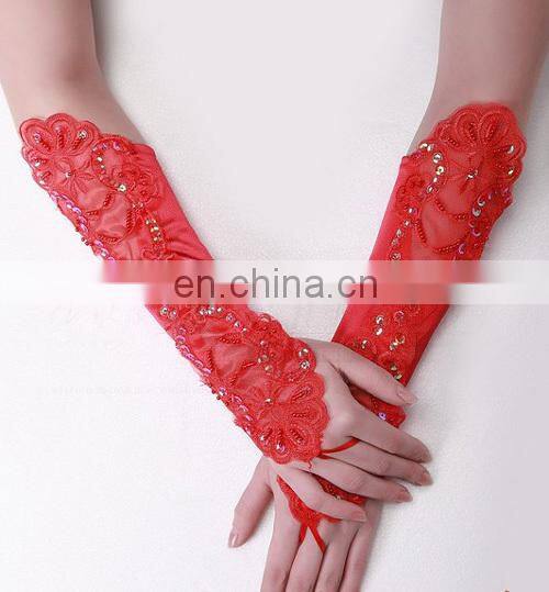 Purple& Red Pretty Appliqued& Sequined Fingerless Long Wedding Glove White pearl beaded satin fingerless wedding bridal gloves