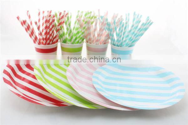 Disposable Tableware Light Pink Striped Paper Straw Plate Cup Napkin