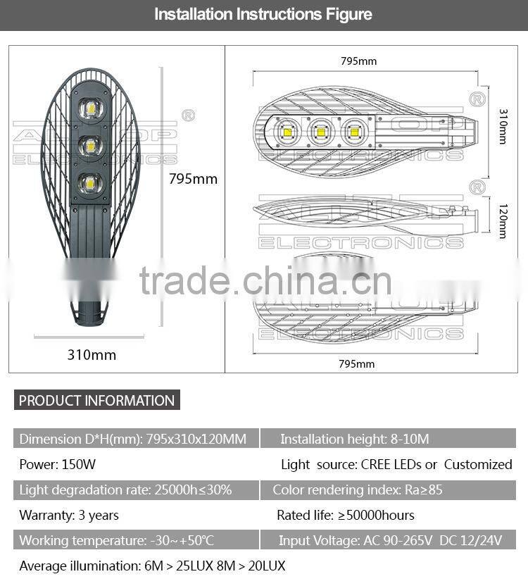5 Year warranty IP67 Waterproof bridgelux cob 150w ce led street light