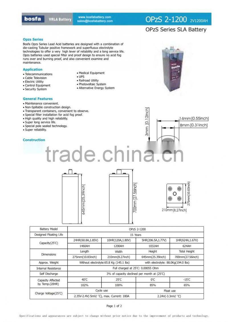 2v1200ah tubular plate flooded lead acid power plus battery for energy