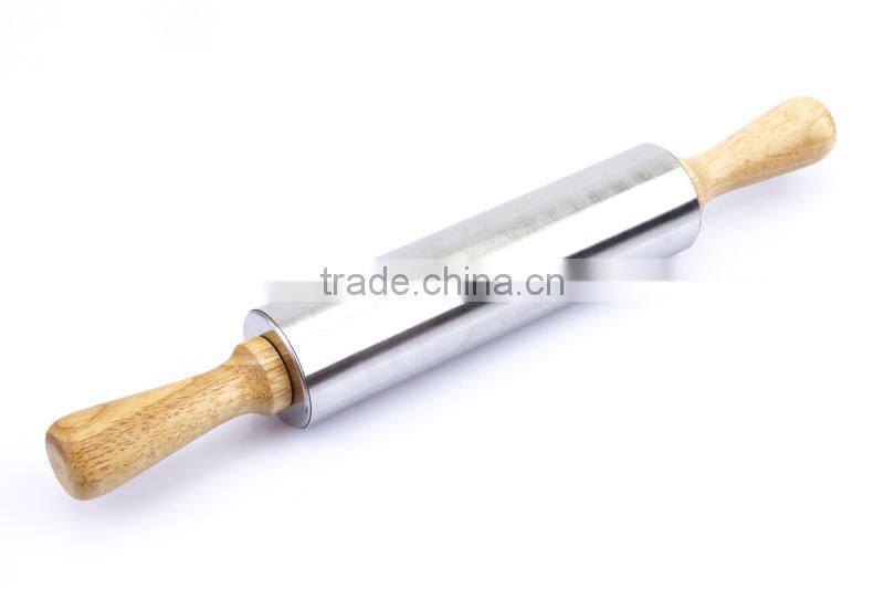 Easy Clean High-Quality FDA/LFGB Utility Hot Sale Wood Handle Stainless Steel Rolling Pin