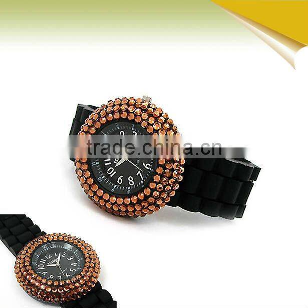 Nobby Fashion Colorful Geneva Lady/Women/Girl Jelly Silicone Quartz Wrist Watch with diamond Black