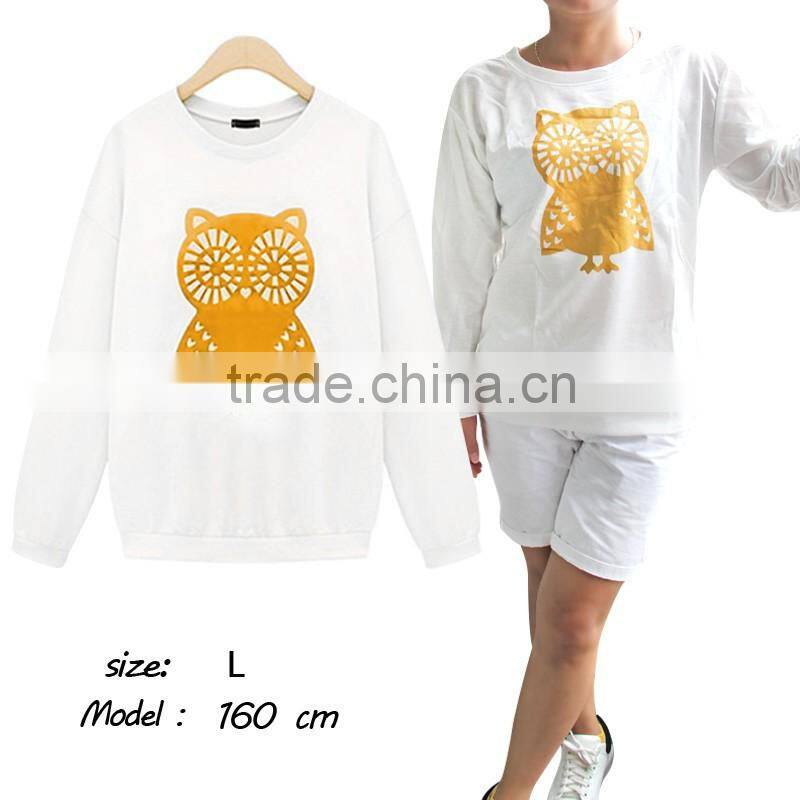 2015 Spring Women Casual Cute White Owl Animal Print Beading Hoodies Pullover Plus Size M-XL