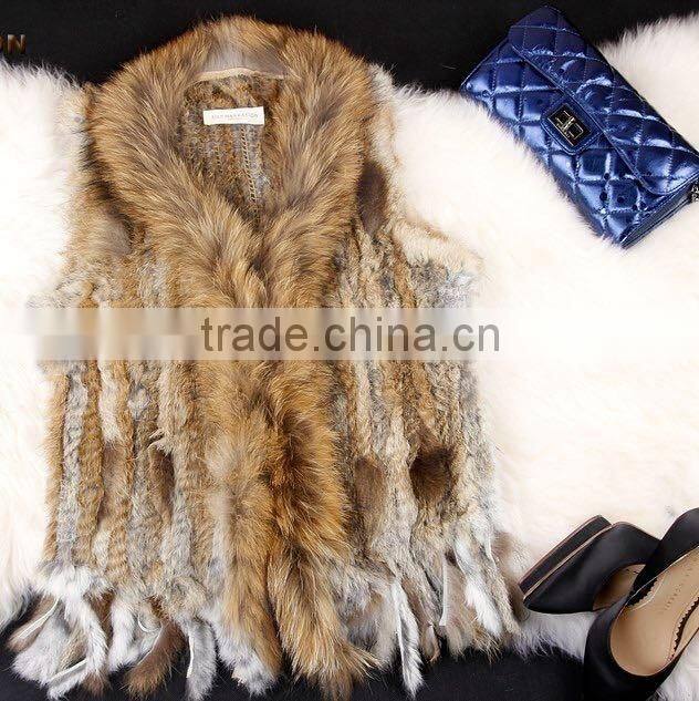 Wholesale Genuine Knitted Rabbit Fur Vest with Raccoon Fur Collar