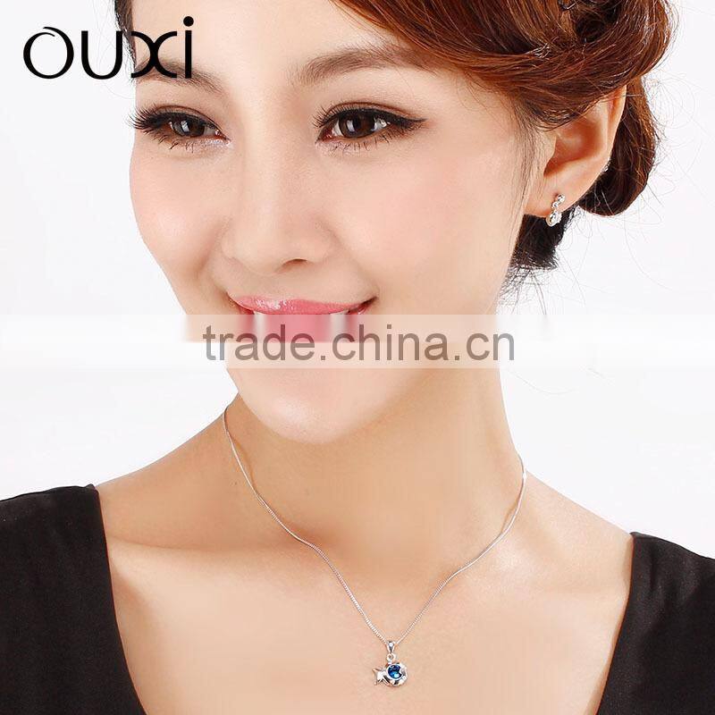 OUXI britainic Style blue crystal fish 925 sterling silver necklace Y30153