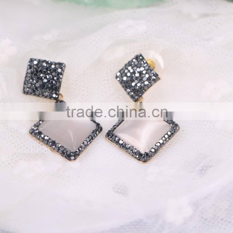 Fashion Gold Plated Stud Earrings, Pave Crystal Cat Eye Gemstone Druzy Earring