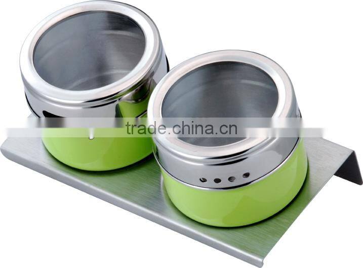 Green powder spraying condiment set,stainless steel condiment container&crue-stand,2pcs glass cover spice jar