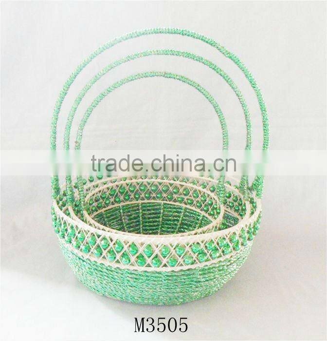 Set of Three Green Paper rope storage basket with bead