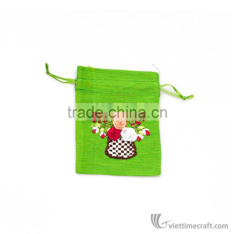 Hand embroidered bag with drawing string, elegant designs, various colors to choose