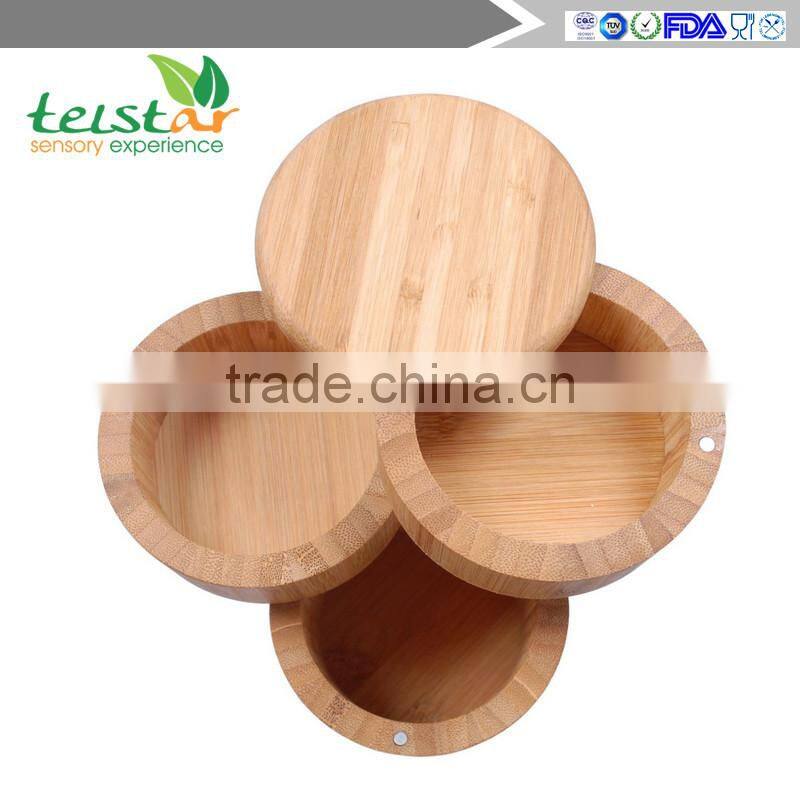 Bamboo 3-Tiered Seasoning Spice Salt Storage Box With Removable Rotating Magnetic Lid