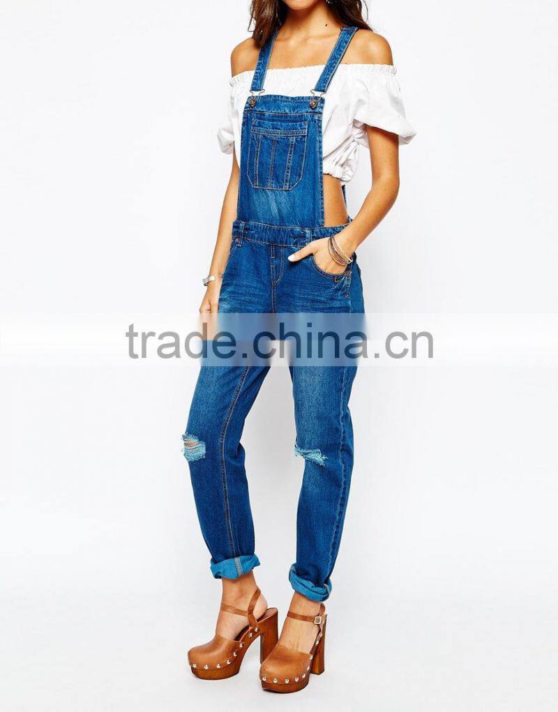 2015 China factory OEM ODM fashionable customized Ripped Overall with Square neckline