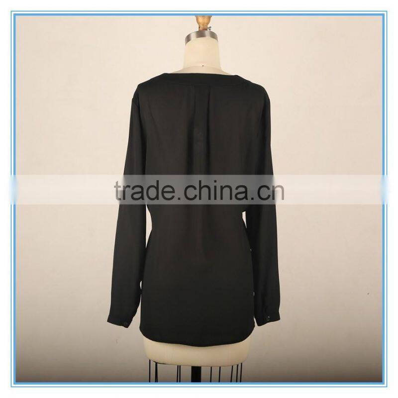 Black Simple Beaded Design Ladies New Fashion V Neck Chiffon Blouse 2016