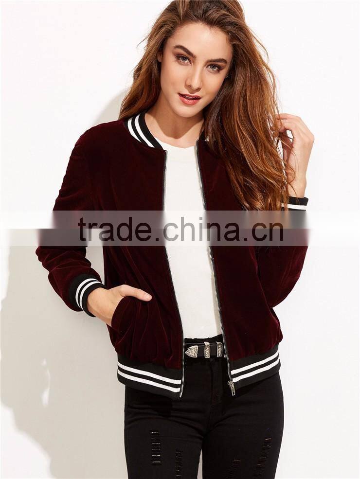 MGOO Women Burgundy Velvet Bomber Jacket With Striped Trim Plain Baseball Jacket Zipper Closure