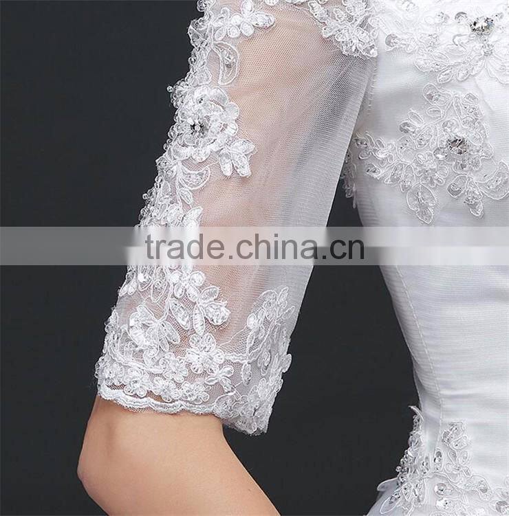 MGOO Off Shoulder Short Sleeve Shinny Beaded Lace Hem A-line Floor Length Wedding Dress Crisscross Back