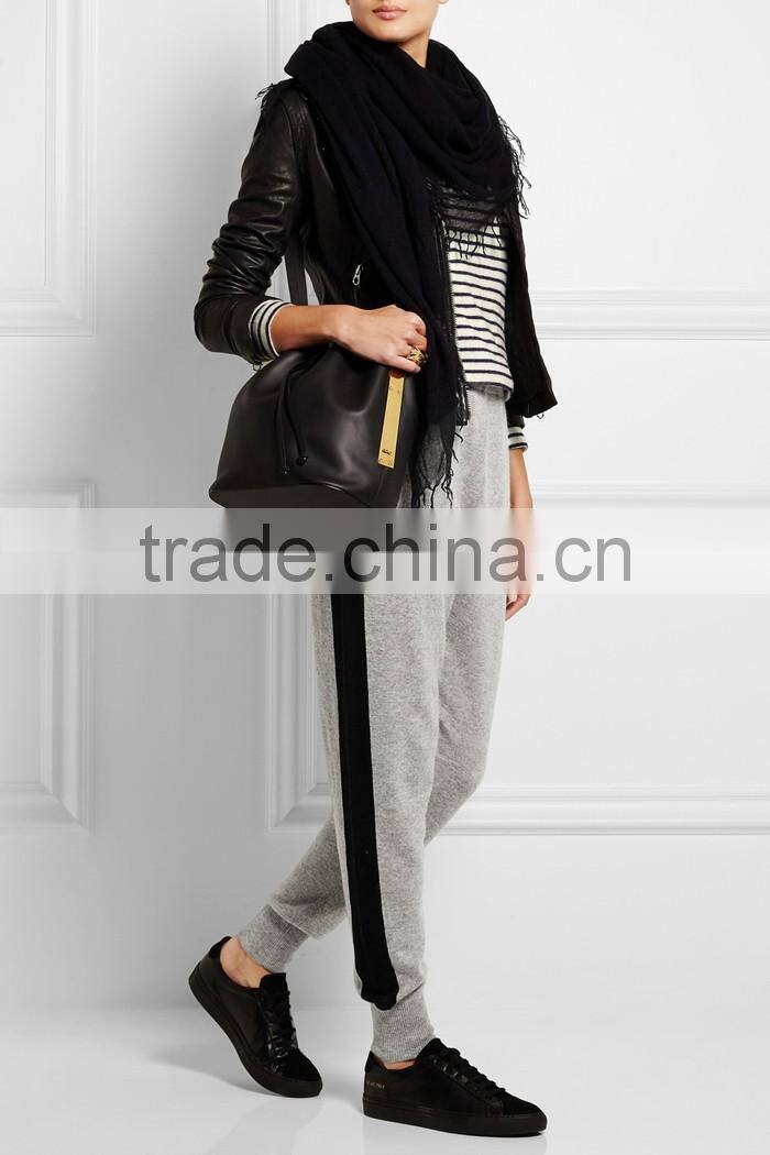 Women side stripe gray and black terry running pants