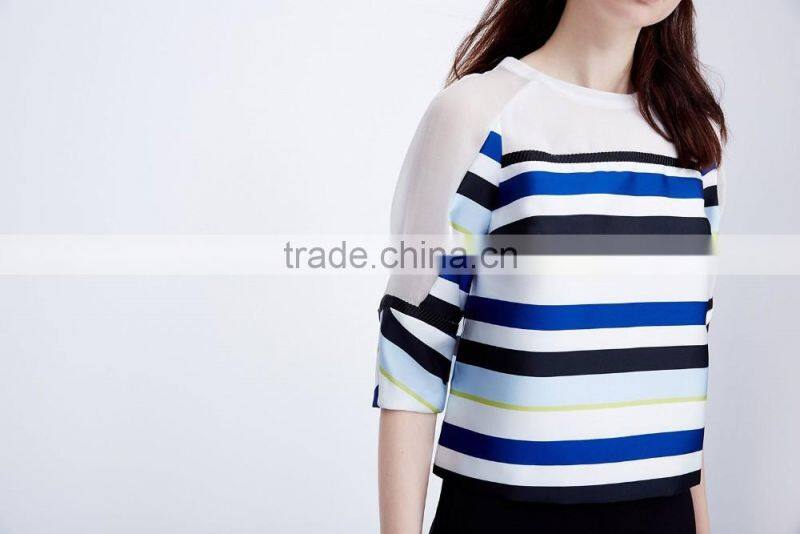 Women's Half Sleeve Stripe Printing Pullover Polyester/Spandex Sweatshirt