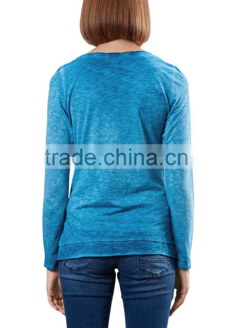 Women's long sleeve 100% cotton acid wash vintage t shirt