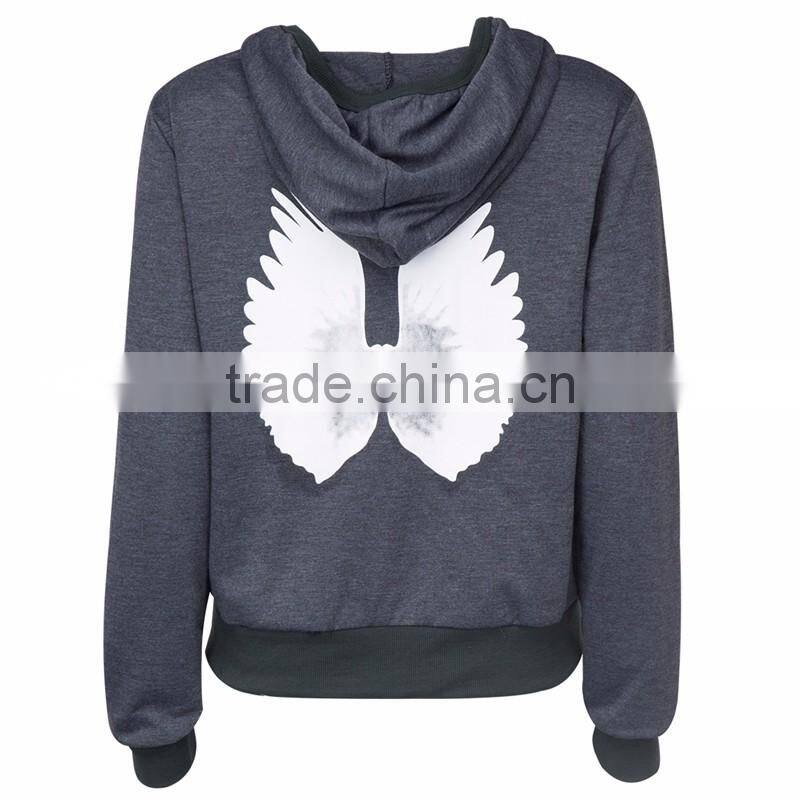 Small Quantity Workable Gray Contrast Wings Print Zip Up Hoodie for Women