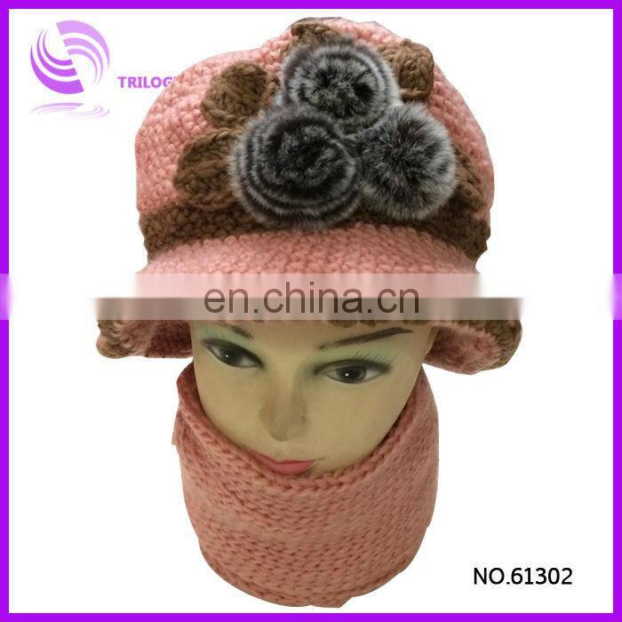 acrylic knitted lady and girls winter cap with bowknot
