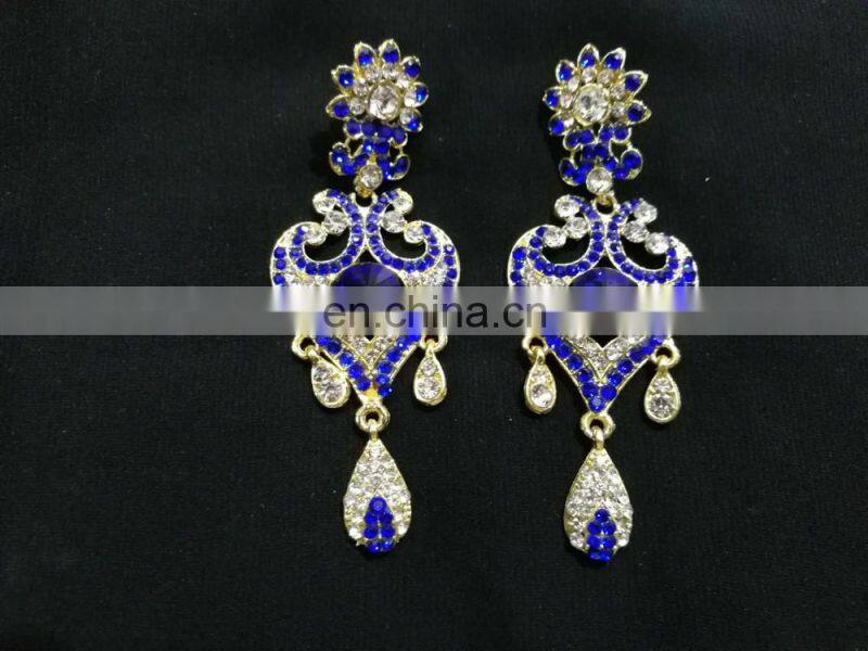Innovative Designer Gold Plated Bollywood Style Kundan Earrings Set In dark Blue Color