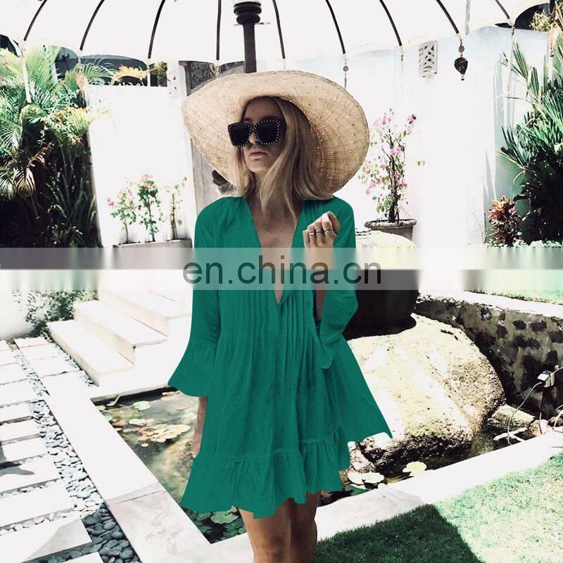 Loose Beach Dress Women White Beach Cover Up Women Bikini Cover Up Flare Sleeve Bohemian Bathing Suit Sundress Ruffle Hem Dress