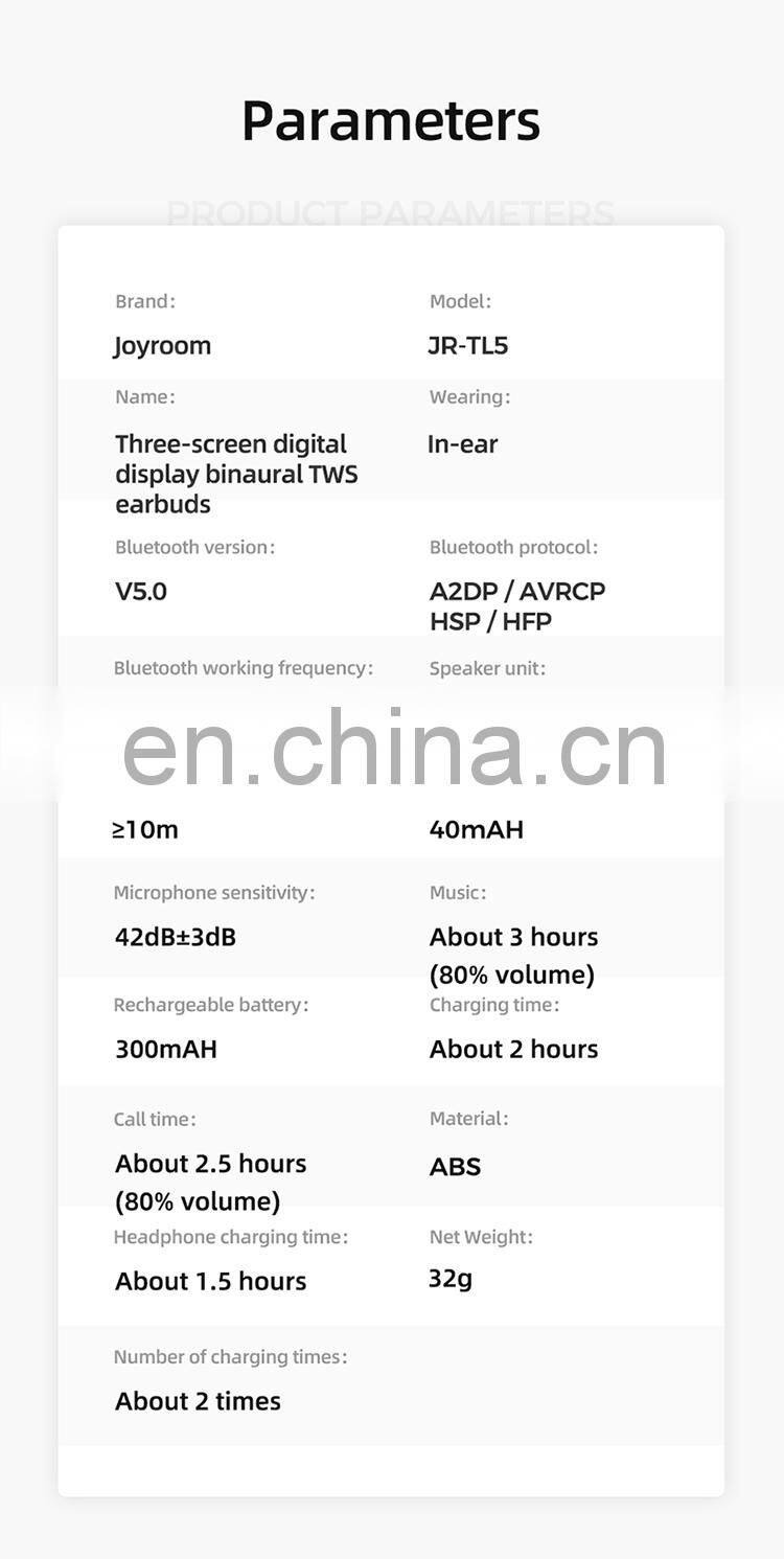 Joyroom TL5 Bilateral Digital display tws earphone HD call high bass bt wireless headset