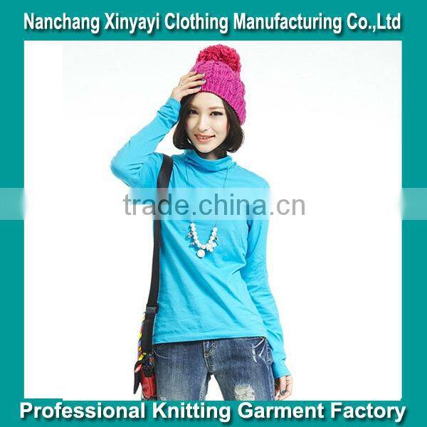 2014 Fashion Highneck Bulk Plain T-shirts for Women with High Quality / Pink Color / Long Sleeve