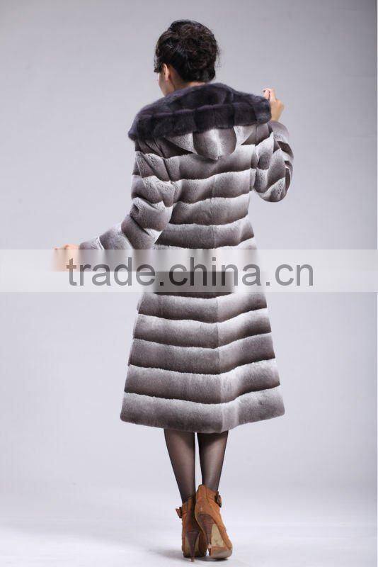 Grey mink hooded dyed rex rabbit fur coat