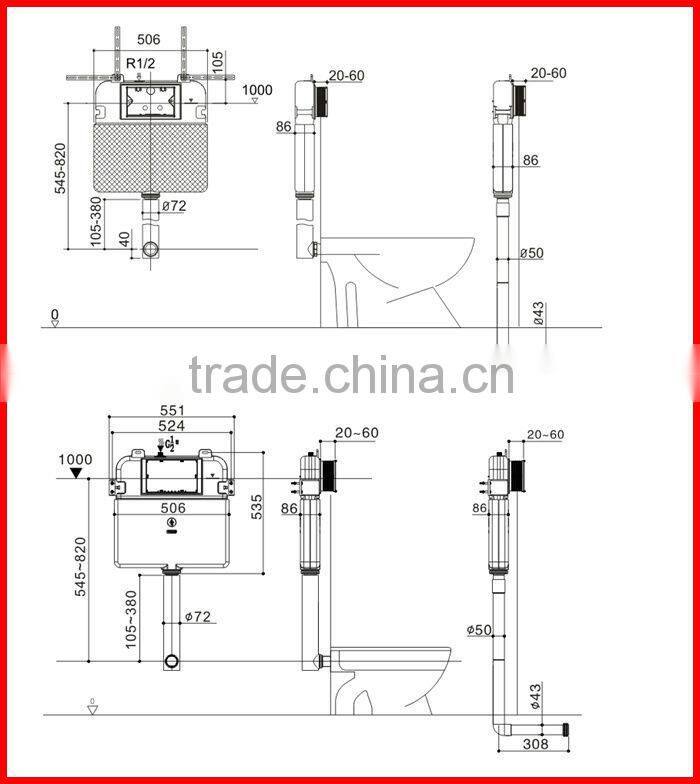 Concealed toilet cistern flush mechanism water tank systems for western wall toilet CH-3