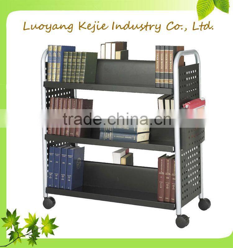 durable steel flat book cart/library trolley bookshelf/book rack shelving/steel rolling library book carts