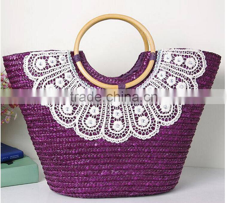 cheap price and low MOQ fashion ladies OEM paper straw summer beach bags with handles