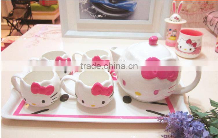 creative lovely cartoon pink red hello kitty cat gift ceramic teapot and mug 5 in 1 set