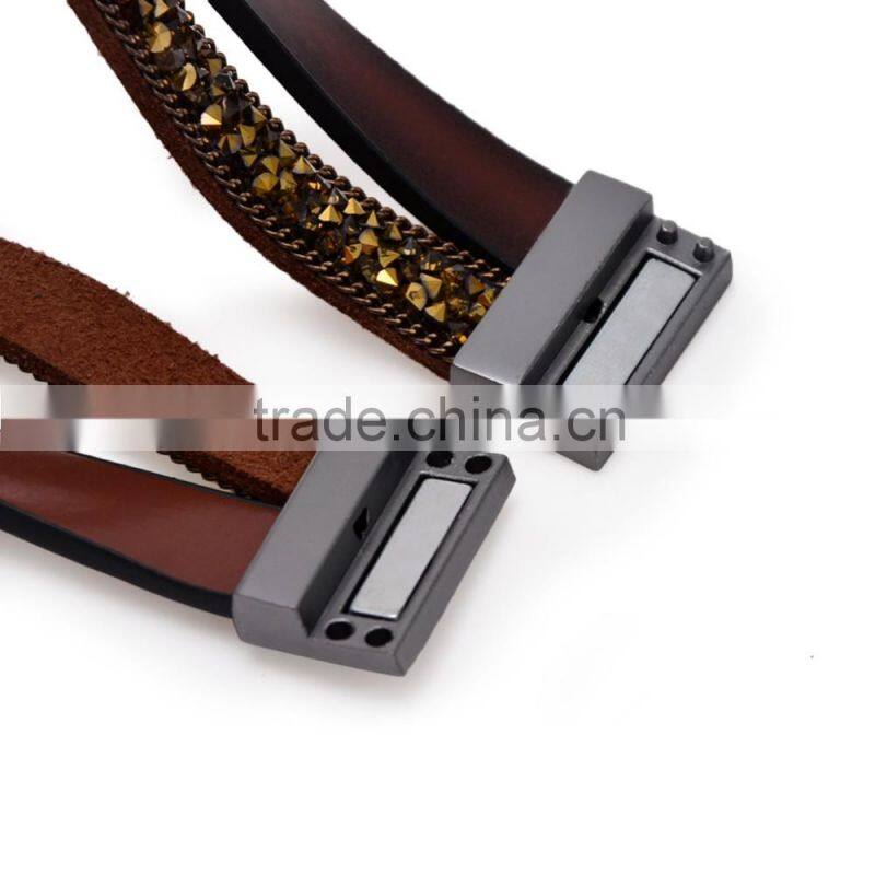 50PC Fashion Double Wrap Leather Bracelet Black Brown Crystal Leather Bangle Magnet Clasp