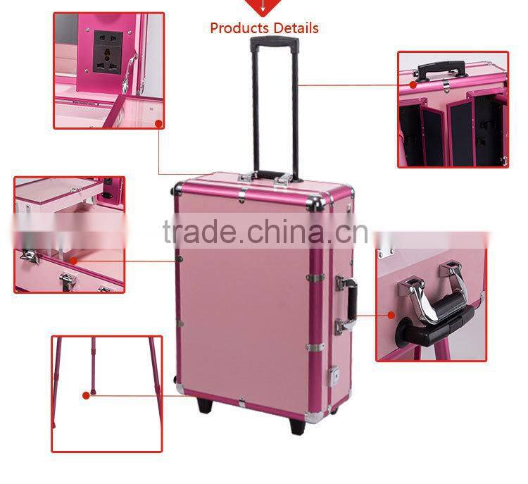 Europe Design Commercial Beauty Makeup Aluminum Trolley Case With Light and Mirror