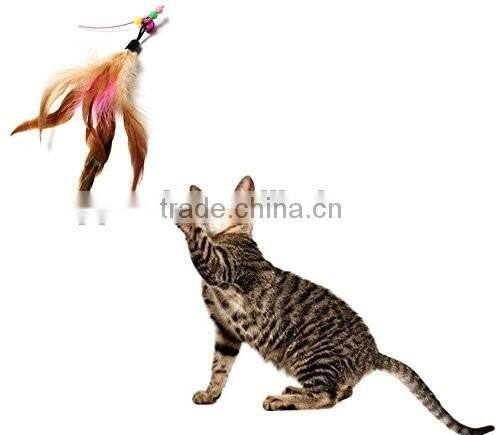 Aimigou NEW Steel Wire Kitten Cat Toy Feather Rod Teaser Bell Play Pet Dangler Wand