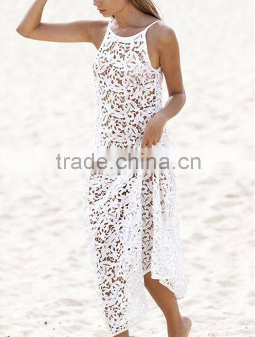New fashion white lace beachwear sexy hollow girls dress for beach summer long beach dress wholesale