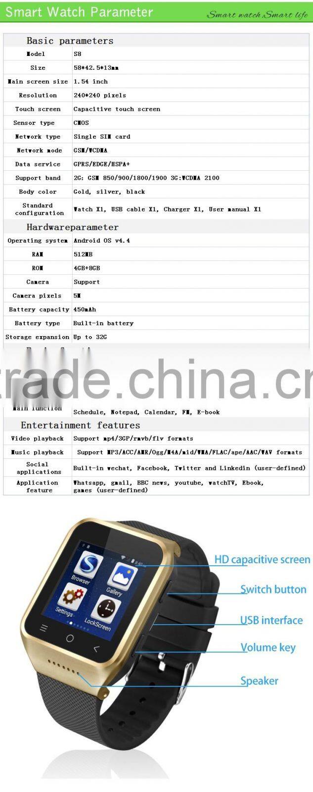 Android 4.4 OS Smart Watch S8 3G MTK6572 Dual Core 4G ROM Phone Watch 2.0MP Camera SIM Card WCDMA GSM Smartwatch App GPS WIFI