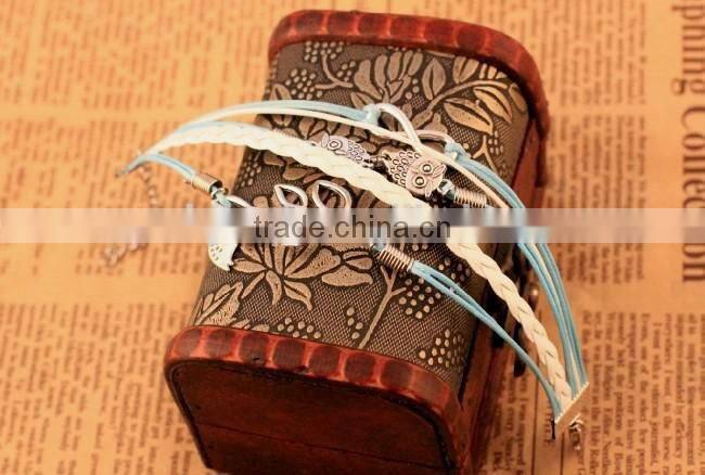 Fashion Vintage Leaf bird Infinity Cross Owl leather bracelet Multilayer leather bracelet