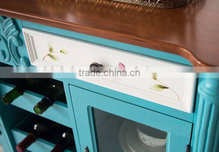 Mediterranean style solid wood hand painting dining room blue two doors sideboard; side cabinet